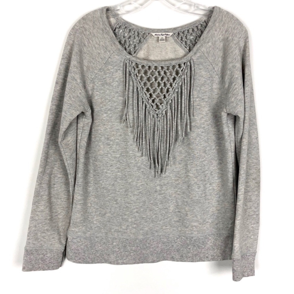 American Eagle Boho Macrame Fringe Sweatshirt